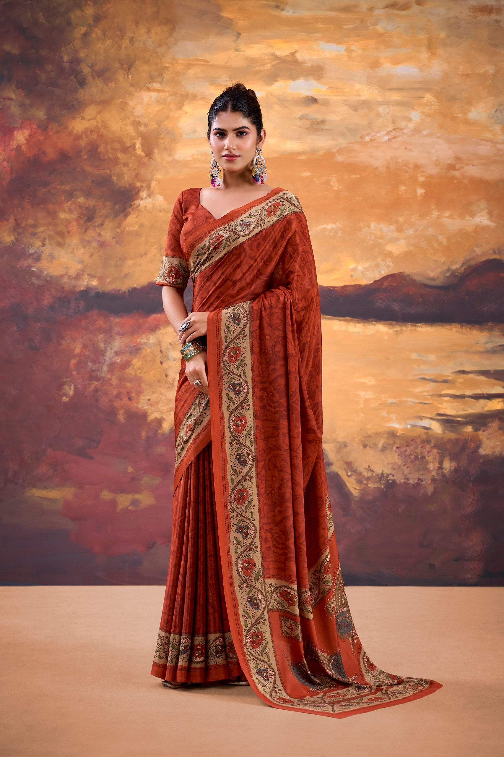 Elegant Printed Crepe Saree with Unstitched Blouse for Women