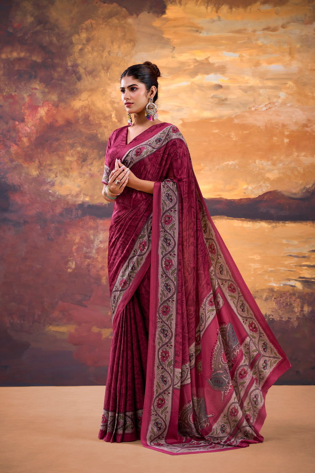 Elegant Printed Crepe Saree with Unstitched Blouse for Women