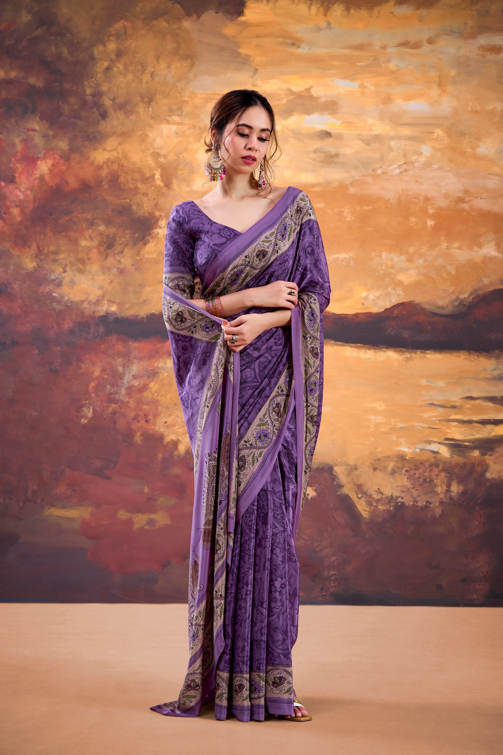 Printed Crepe Saree with Unstitched Blouse