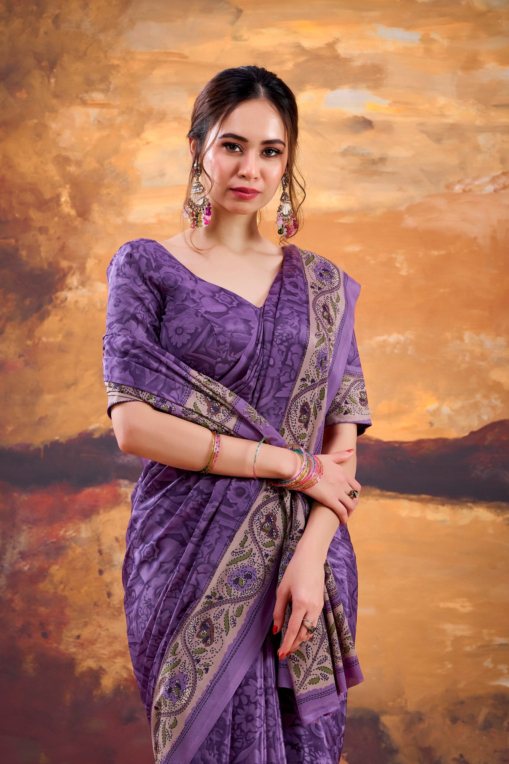 Elegant Printed Crepe Saree with Unstitched Blouse for Women