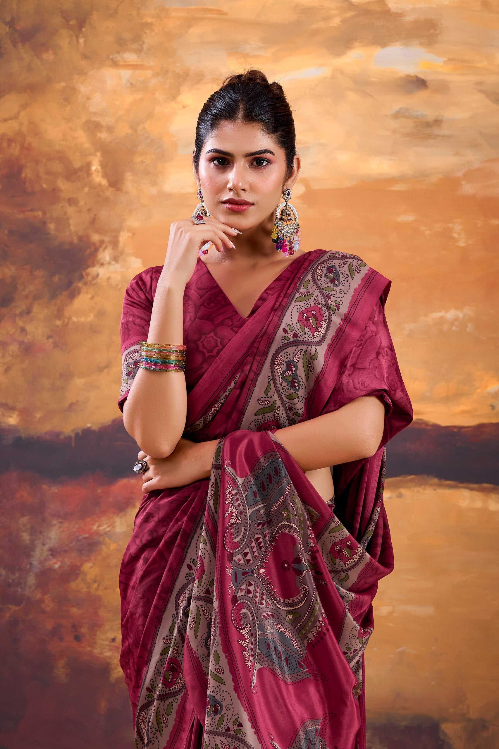Elegant Printed Crepe Saree with Unstitched Blouse for Women