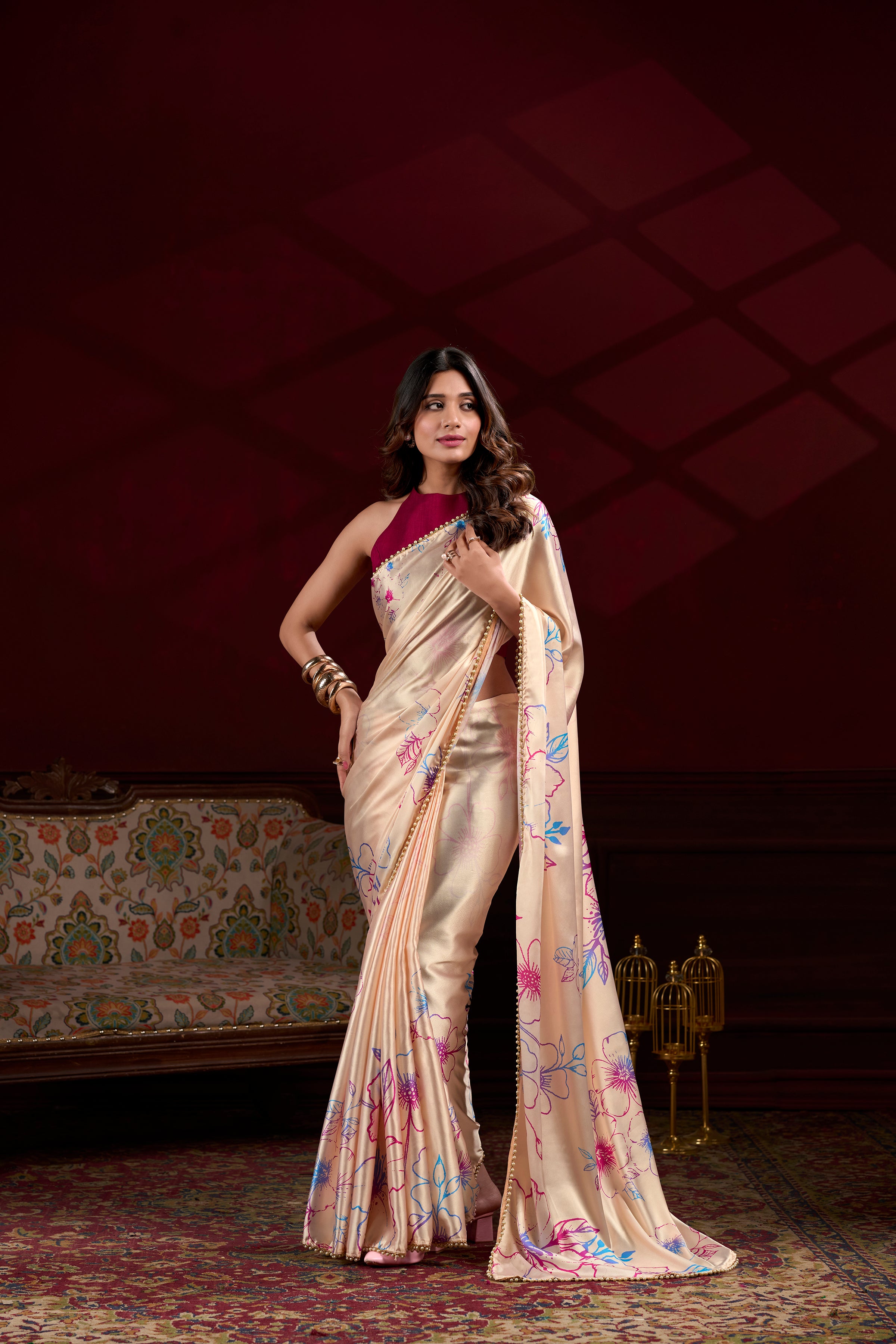 Floral Printed Satin Silk Saree with Pearl Lace Border