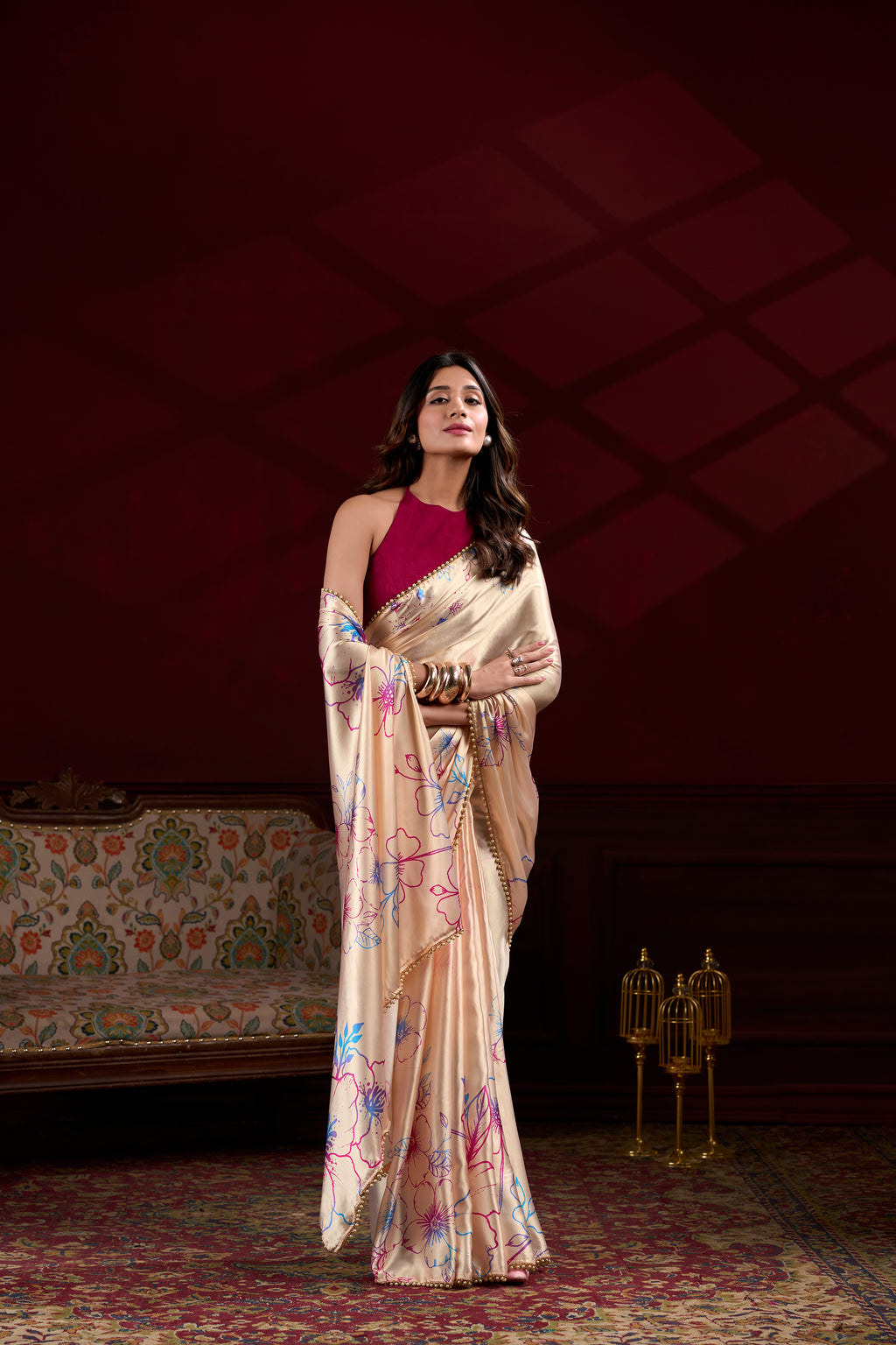 Floral Printed Satin Silk Saree with Pearl Lace Border