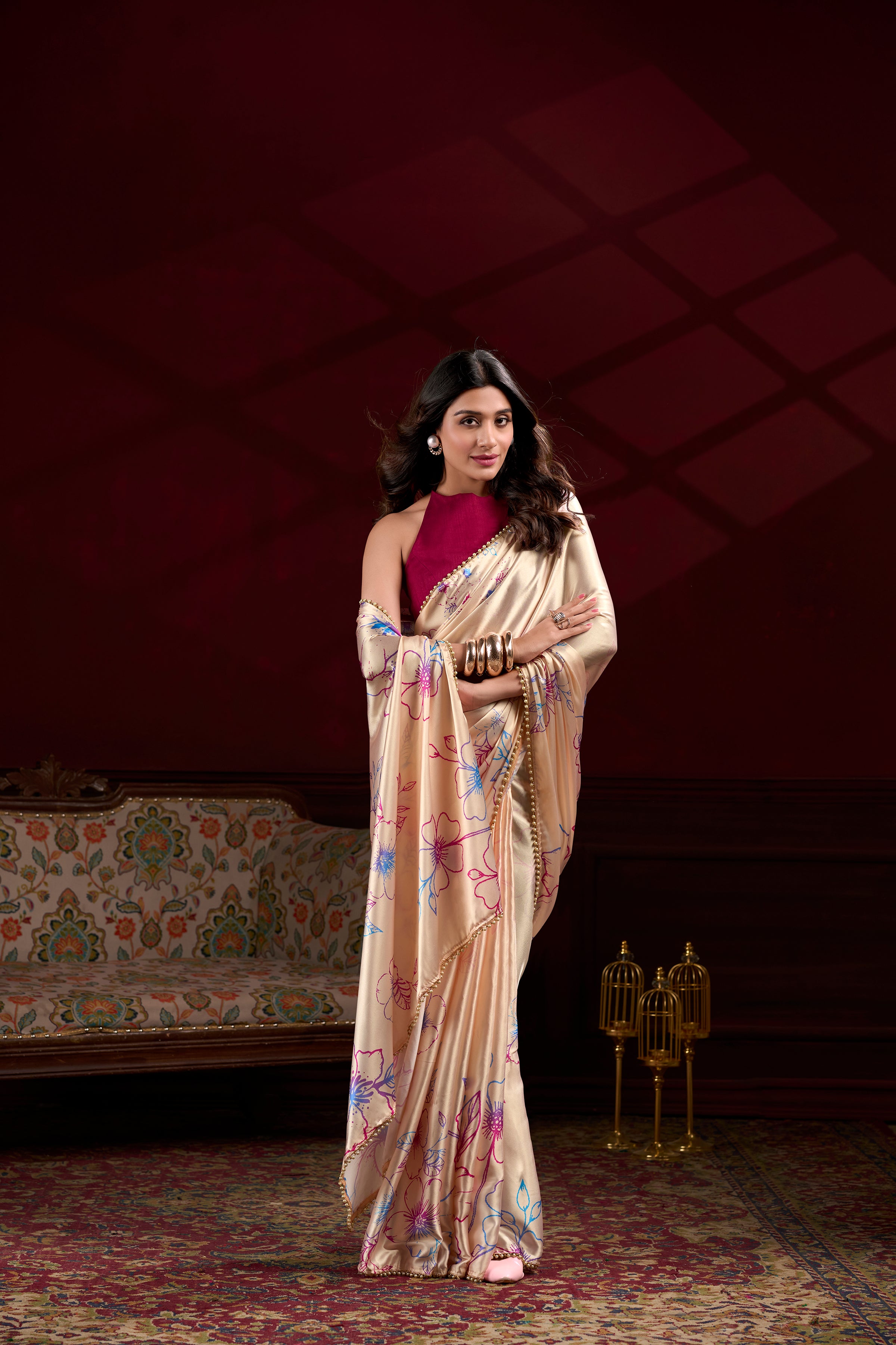Floral Printed Satin Silk Saree with Pearl Lace Border