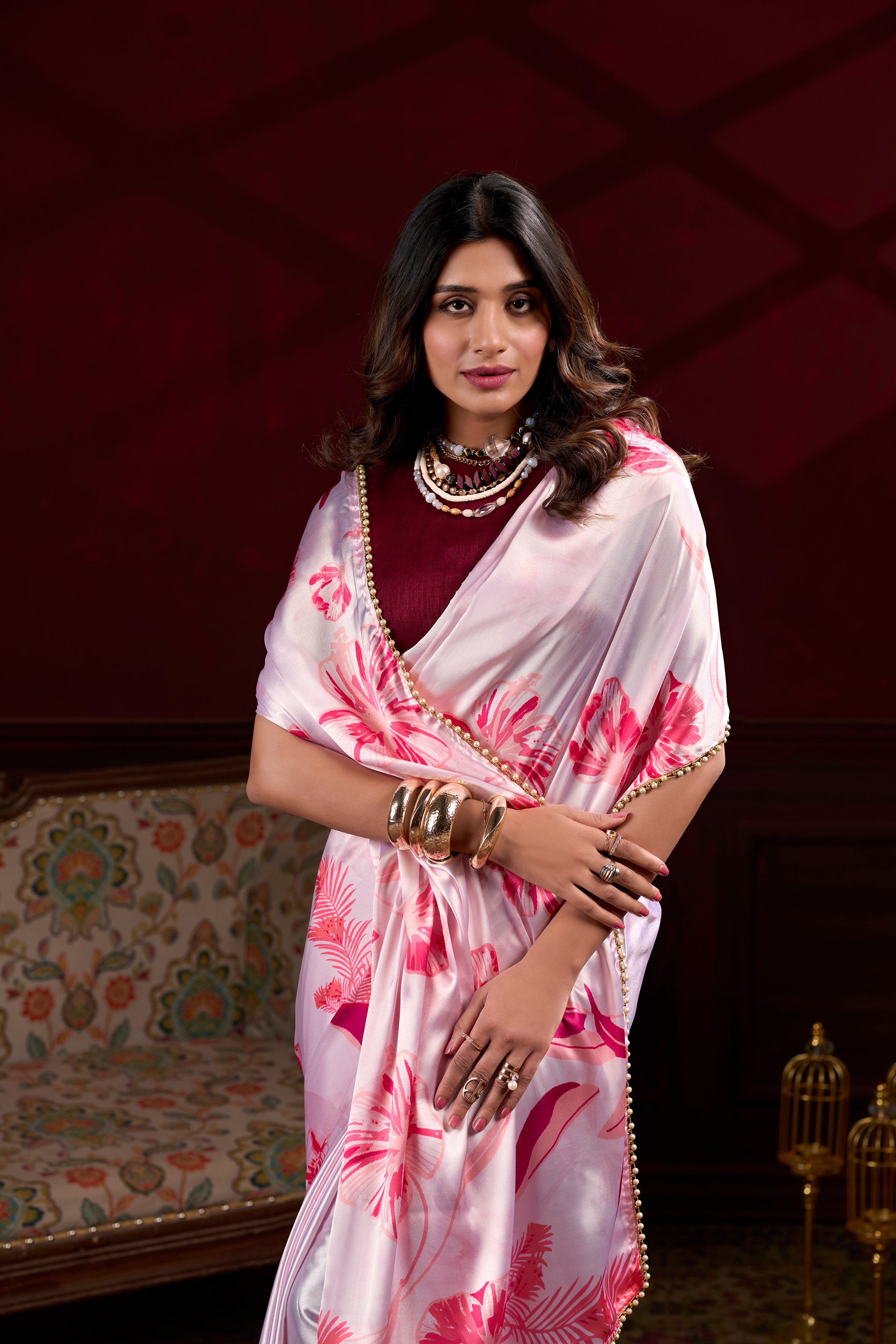 Floral Printed Satin Silk Saree with Pearl Lace Border