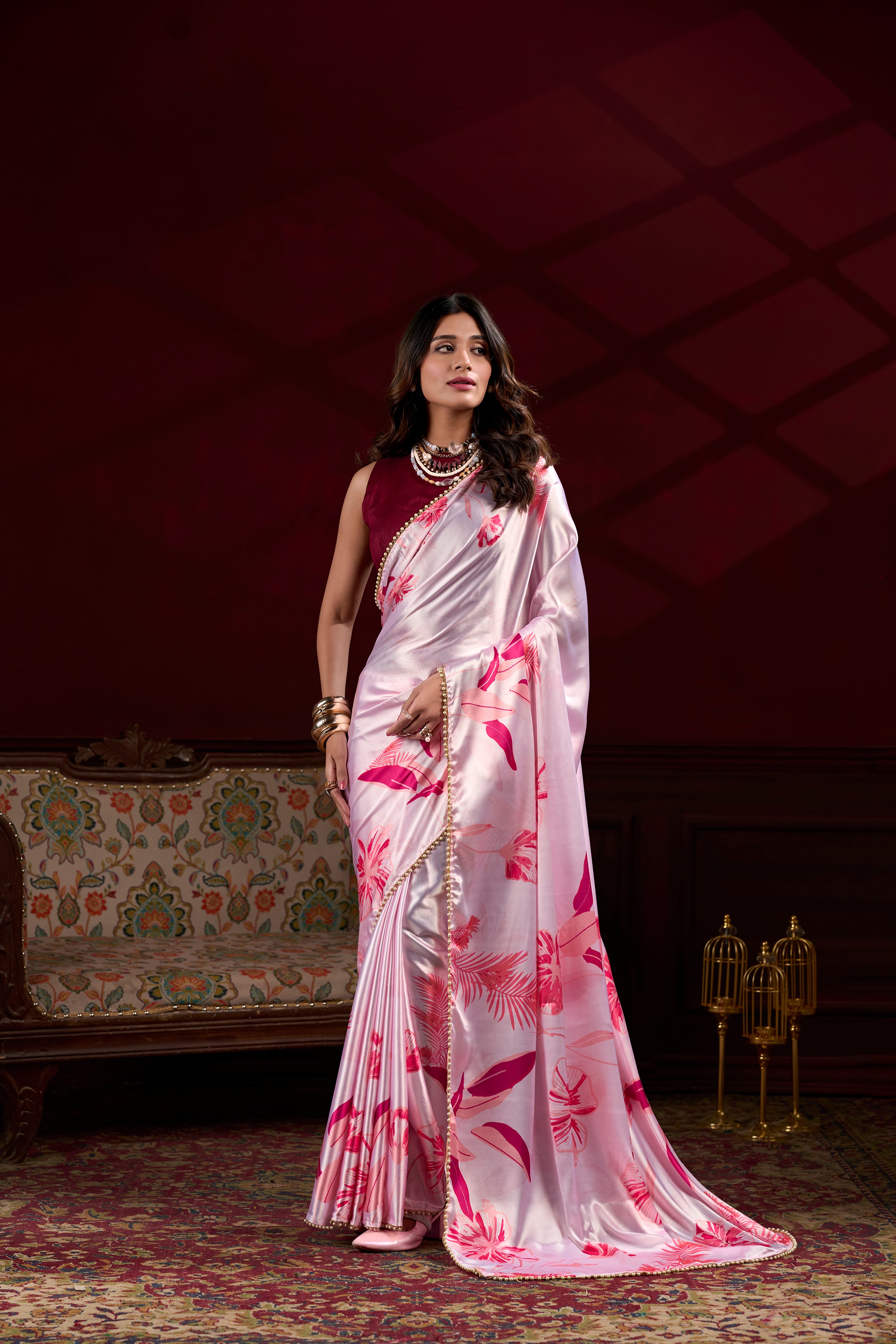 Floral Printed Satin Silk Saree with Pearl Lace Border