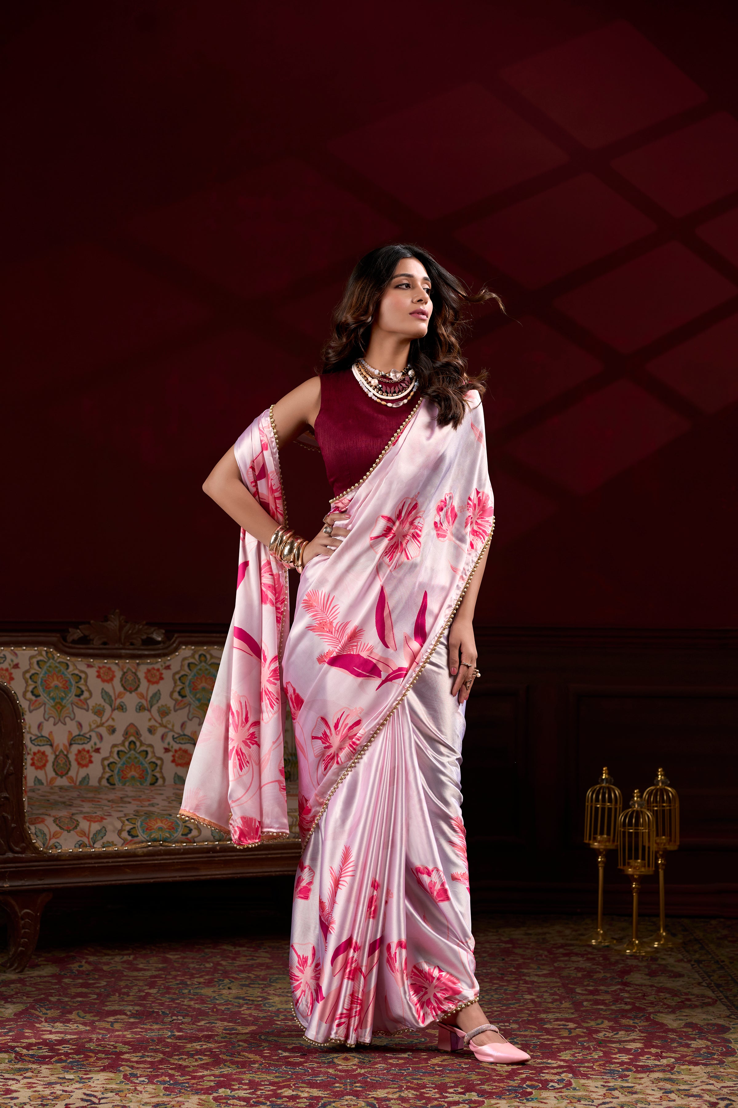 Floral Printed Satin Silk Saree with Pearl Lace Border