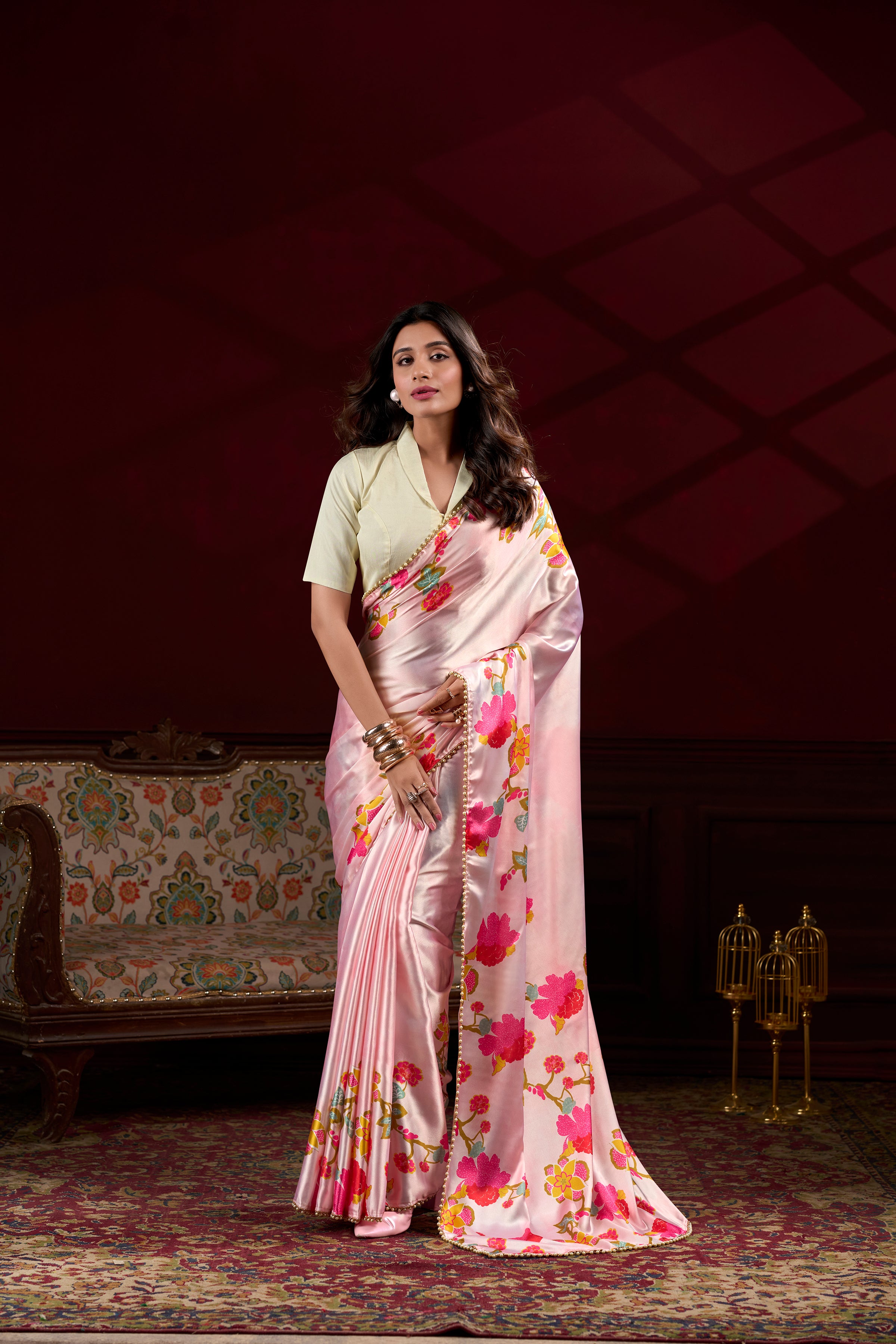 Floral Printed Satin Silk Saree with Pearl Lace Border