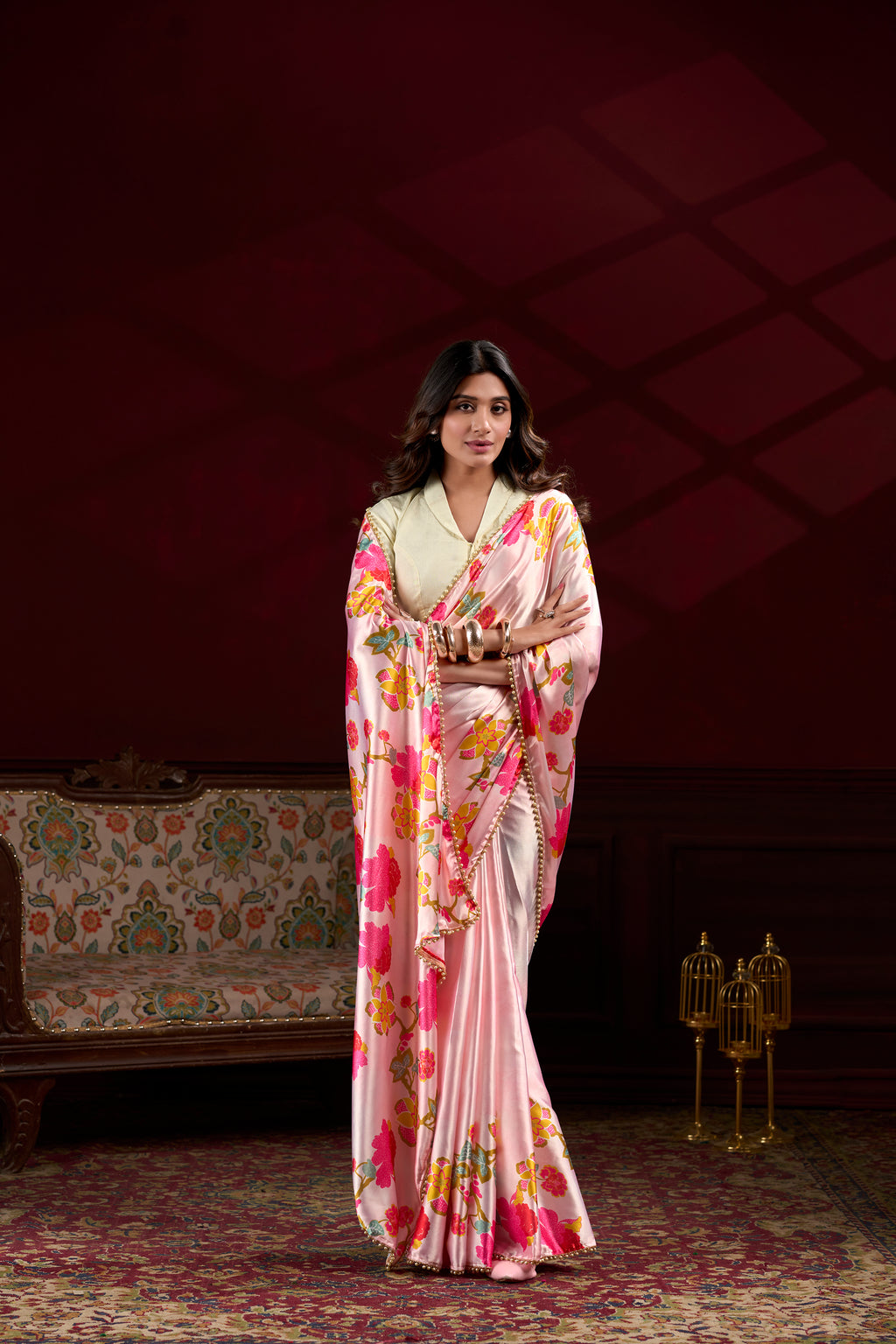 Floral Printed Satin Silk Saree with Pearl Lace Border