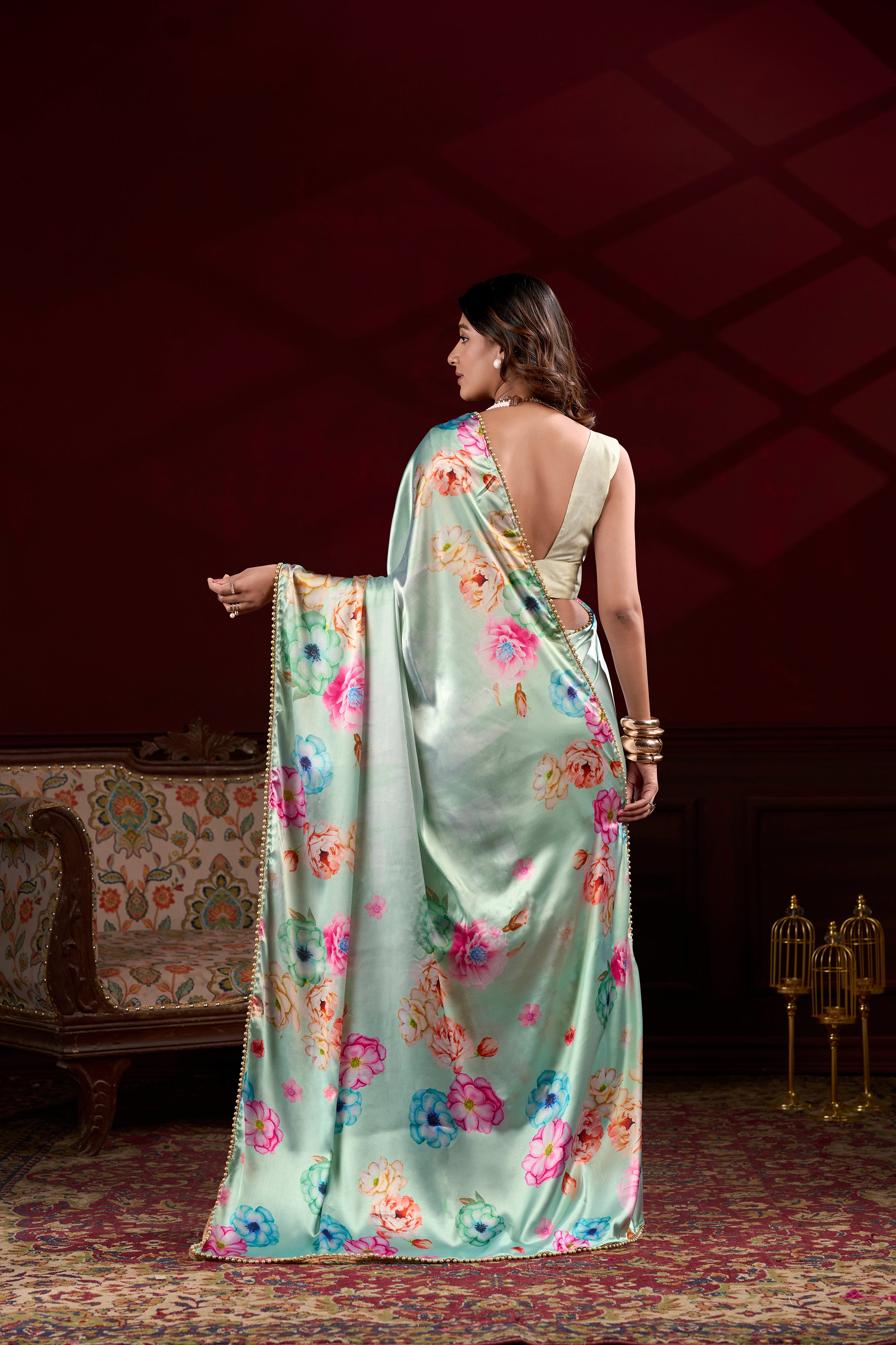 Floral Printed Satin Silk Saree with Pearl Lace Border