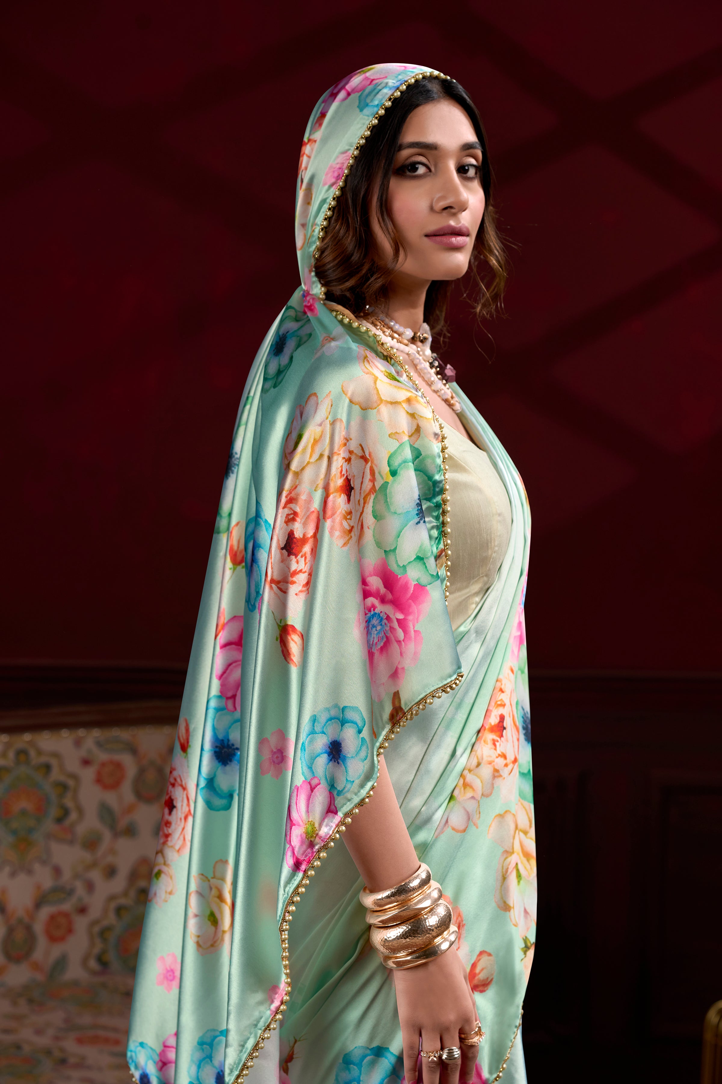 Floral Printed Satin Silk Saree with Pearl Lace Border