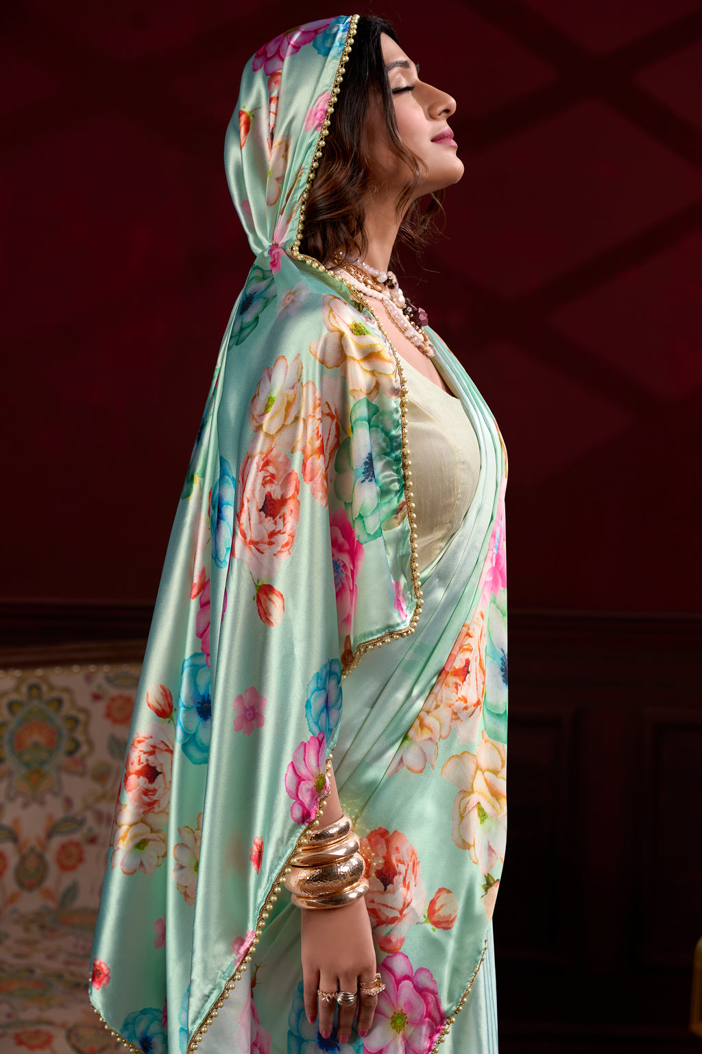 Floral Printed Satin Silk Saree with Pearl Lace Border