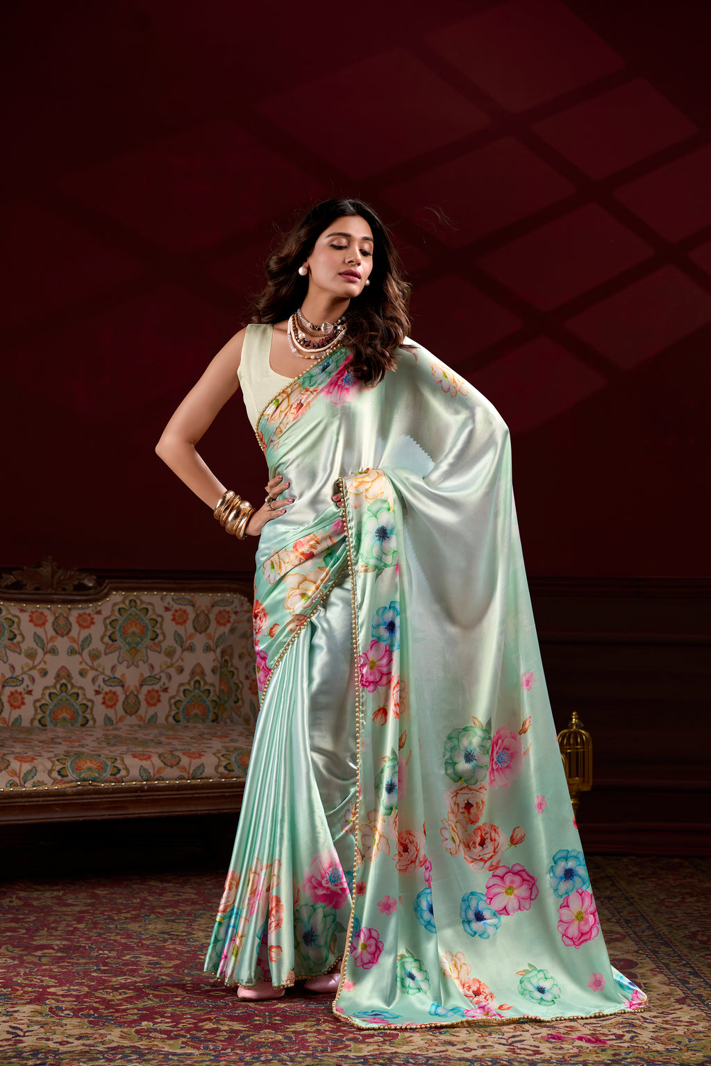 Floral Printed Satin Silk Saree with Pearl Lace Border