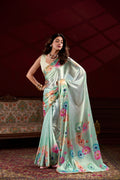 Floral Printed Satin Silk Saree with Pearl Lace Border