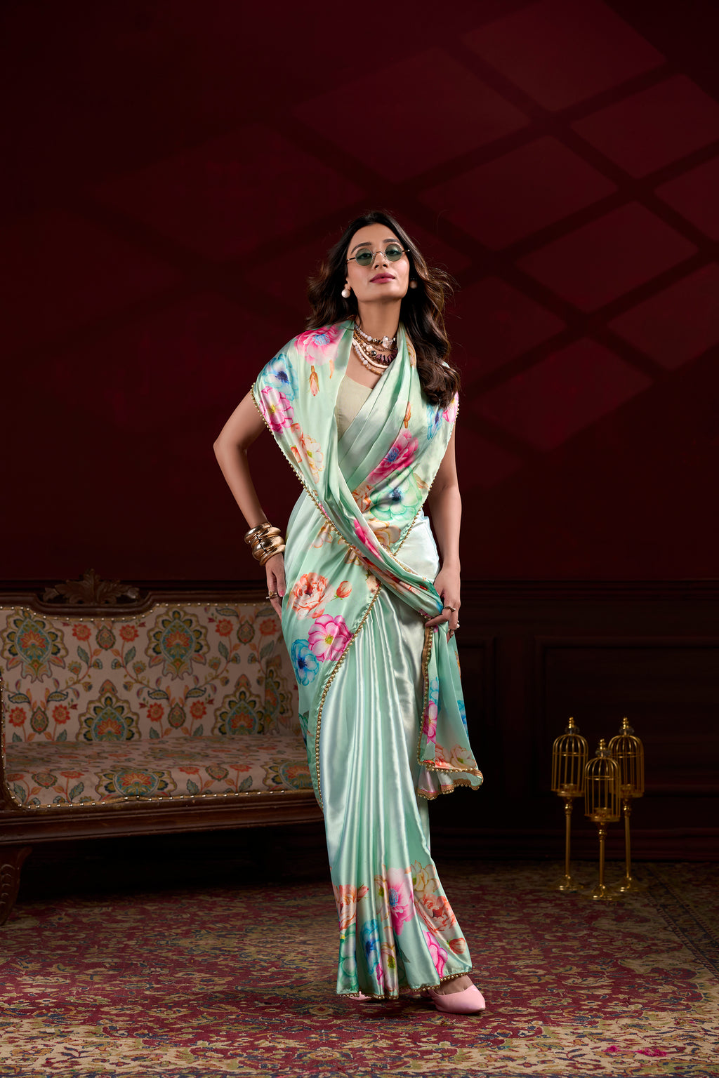 Floral Printed Satin Silk Saree with Pearl Lace Border