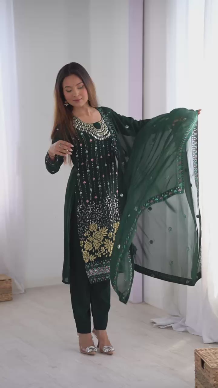 Faux Georgette Kurta Pant Dupatta Set with Mirror & Sequence Work for Women