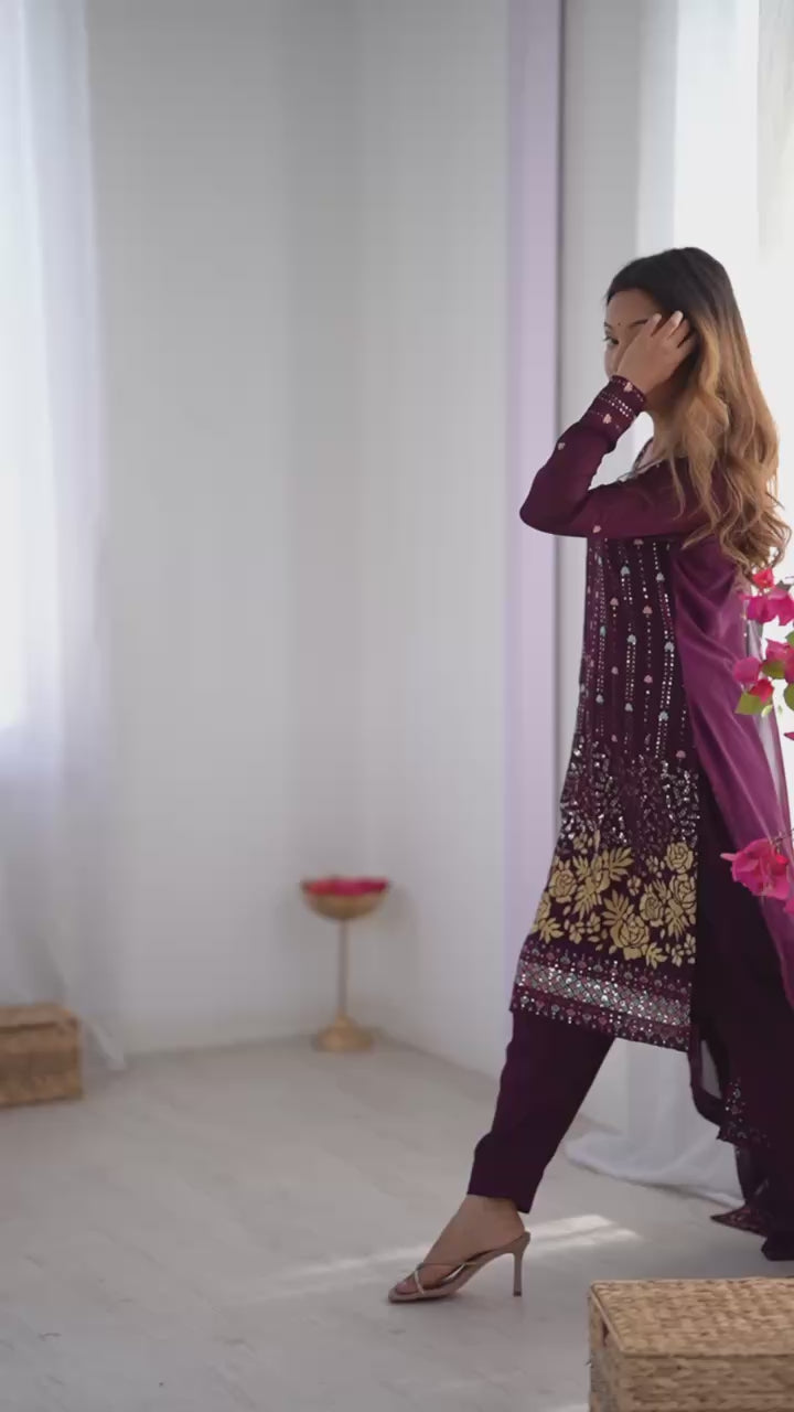 Faux Georgette Kurta Pant Dupatta Set with Mirror & Sequence Work for Women