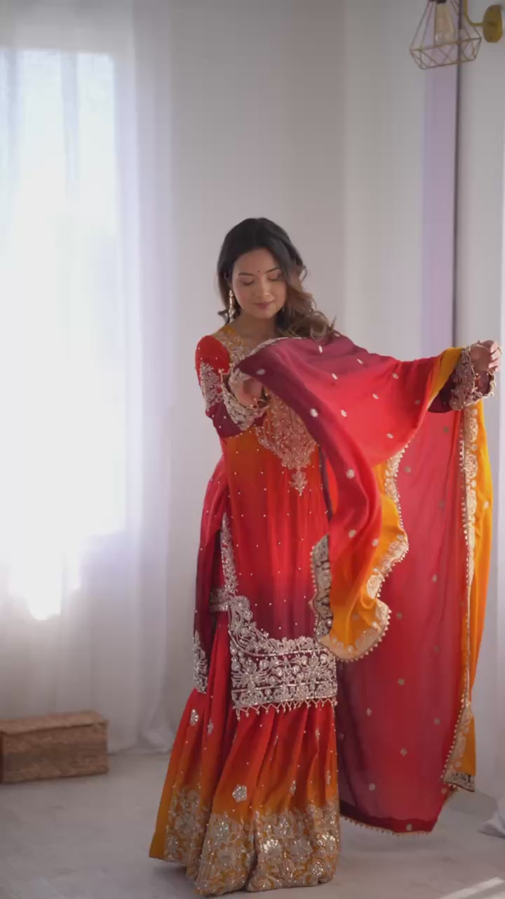 Embroidered Chinon Silk Kurta Plazzo Dupatta Set for Women