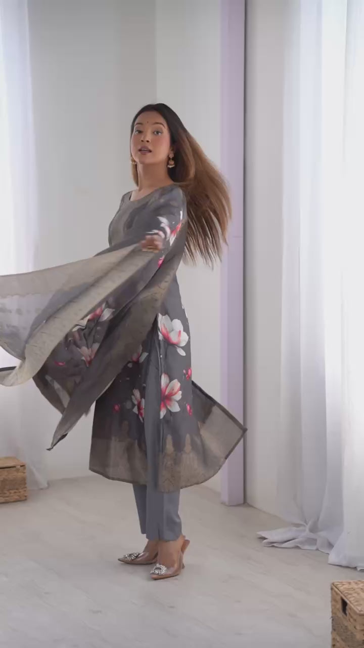Chanderi Silk Kurta Pant Dupatta Set with Jacquard & Digital Print for Women
